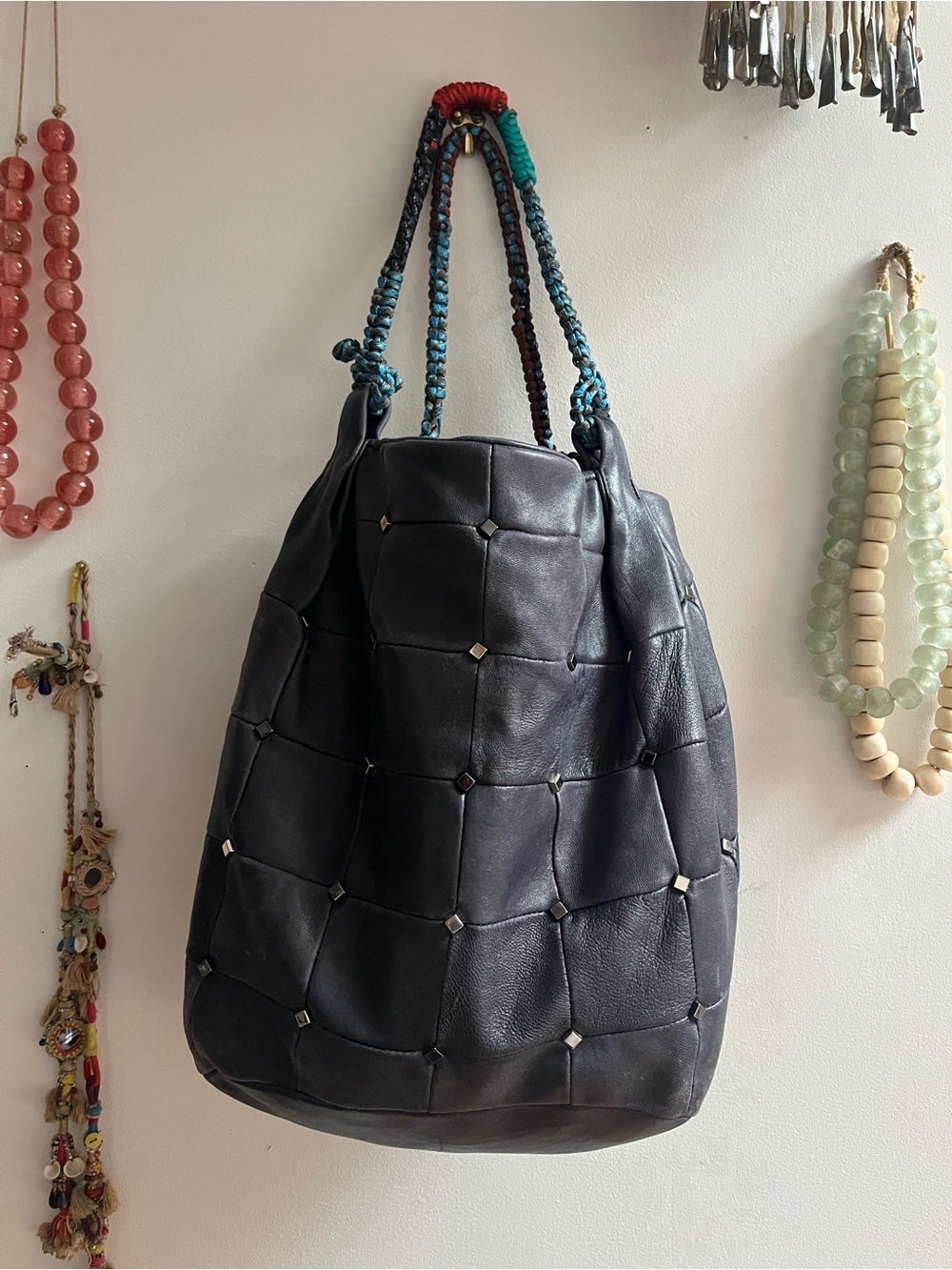 Dark Navy Leather quilted with gunmetal studs Tote Bag with Braided Handles